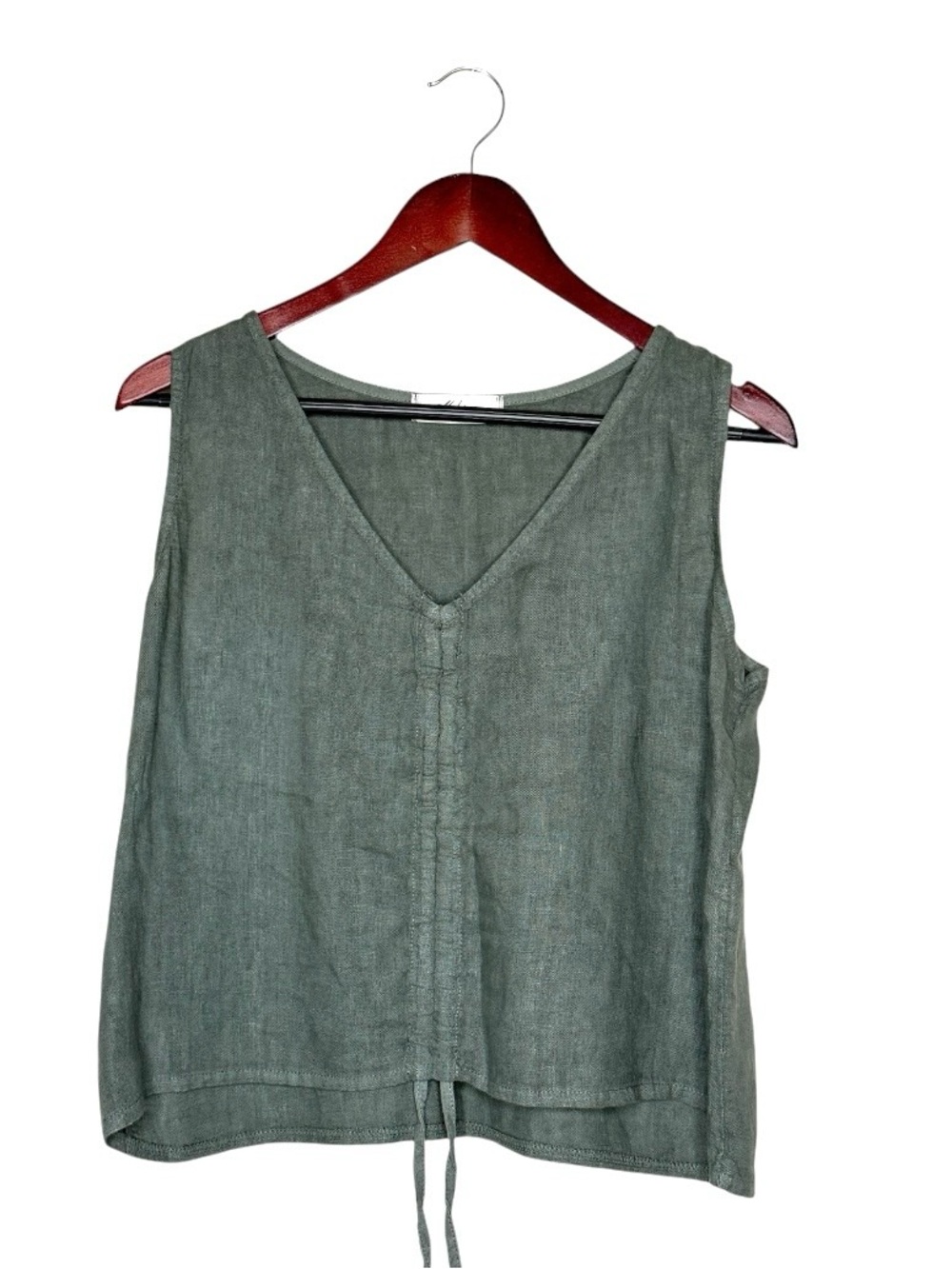 Mahina 100% Linen Tank Top M Sage Green Ruched Front Drawstring Italian Linen - Picture 5 of 9